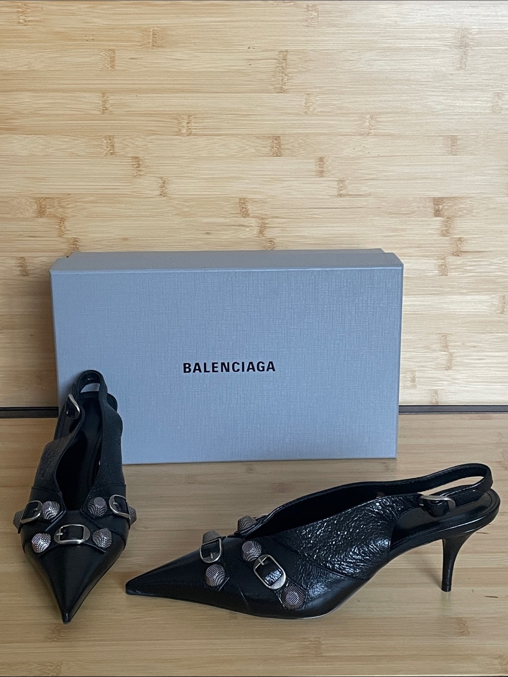 Balenciaga Black Pointed Slingback Heels with Silver Buckle Accents - Picture 4 of 13
